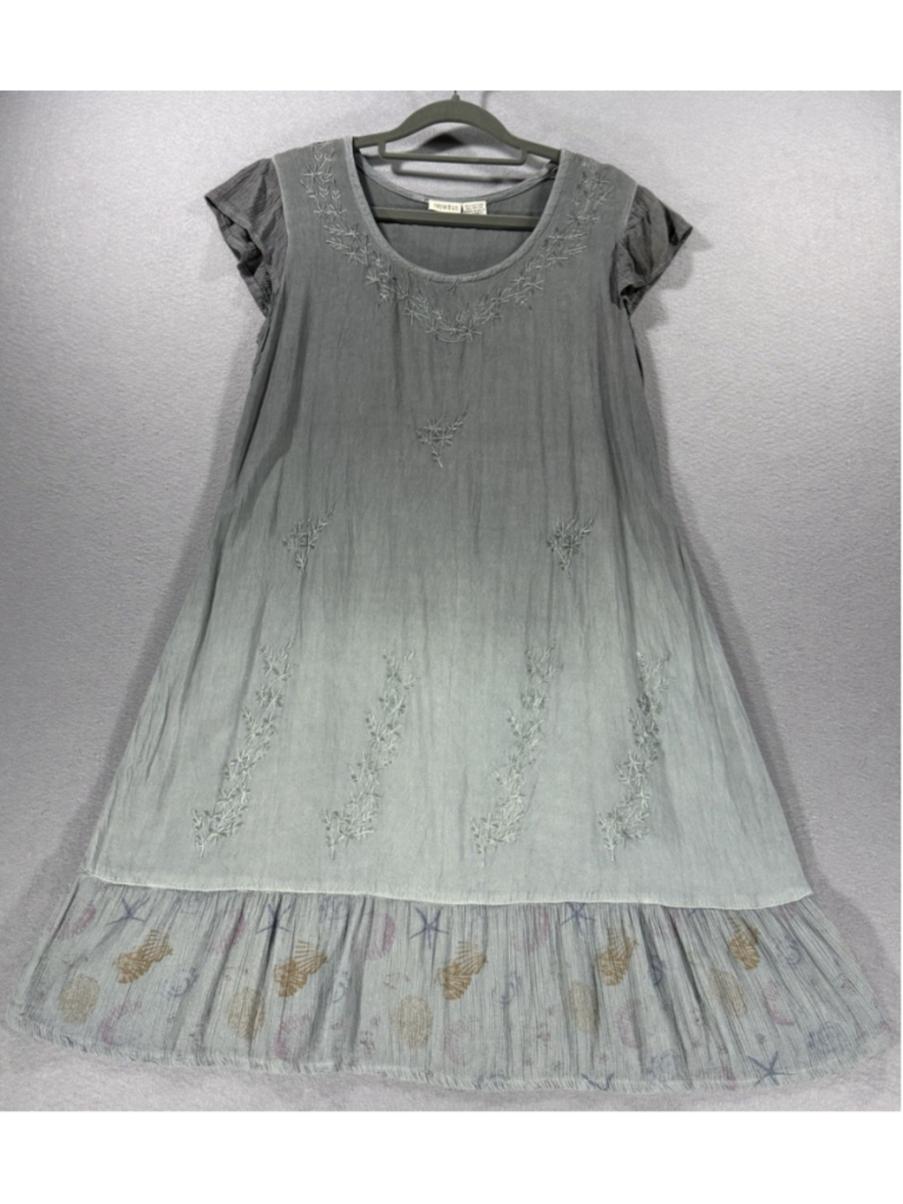 Raya Sun Ombre Dress Women Grey Embroidered Ruffle Shell Beach Boho Cotton Sz S
